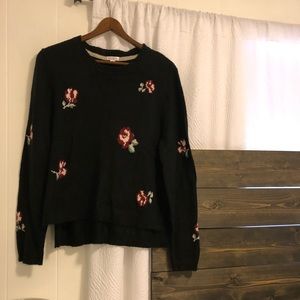 Black Knit Sweater with Maroon Floral Print